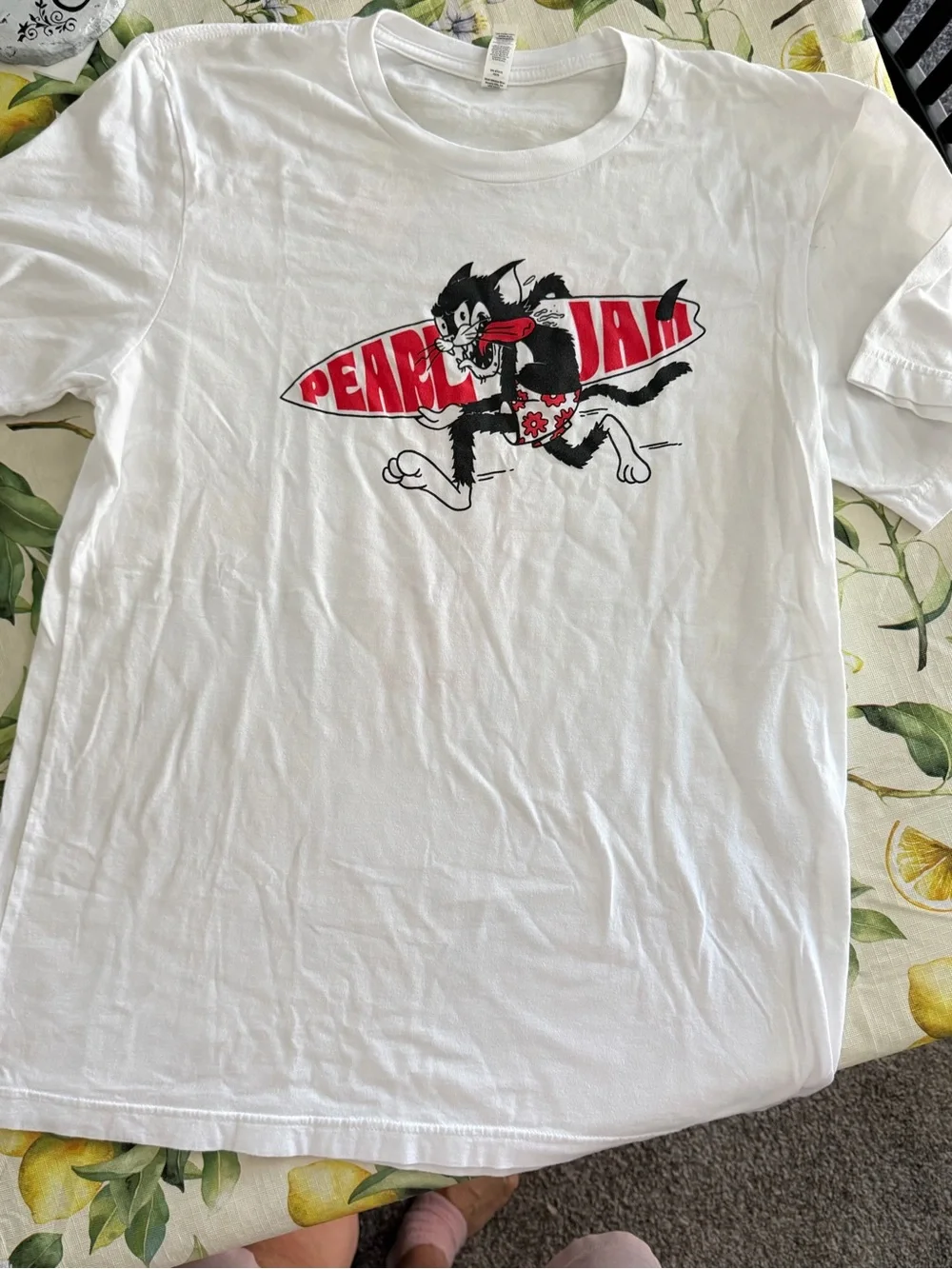 Pearl Jam White Tee with Red & Black Surfing Cat Graphic